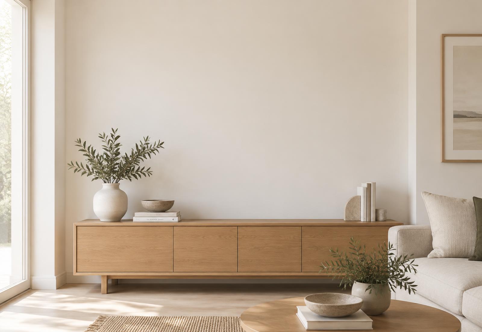 Bright living room with an oak sideboard