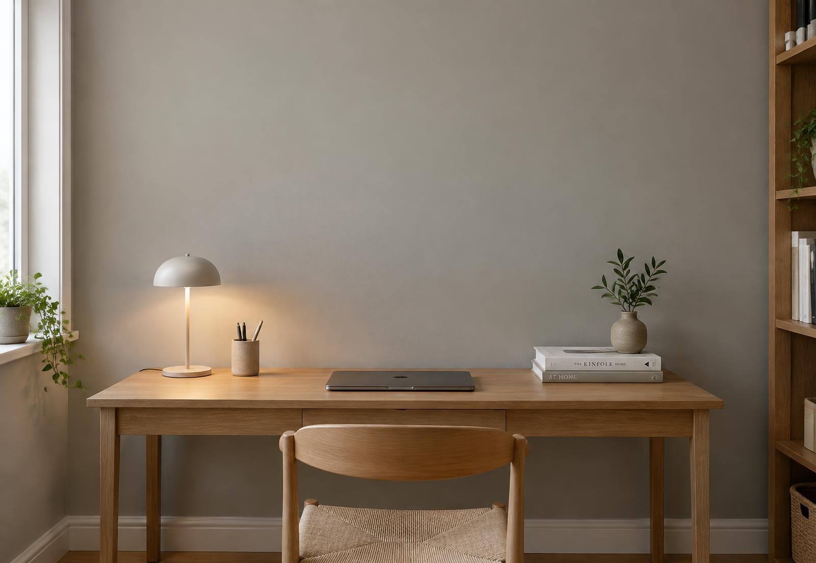 Minimal home office with an oak desk